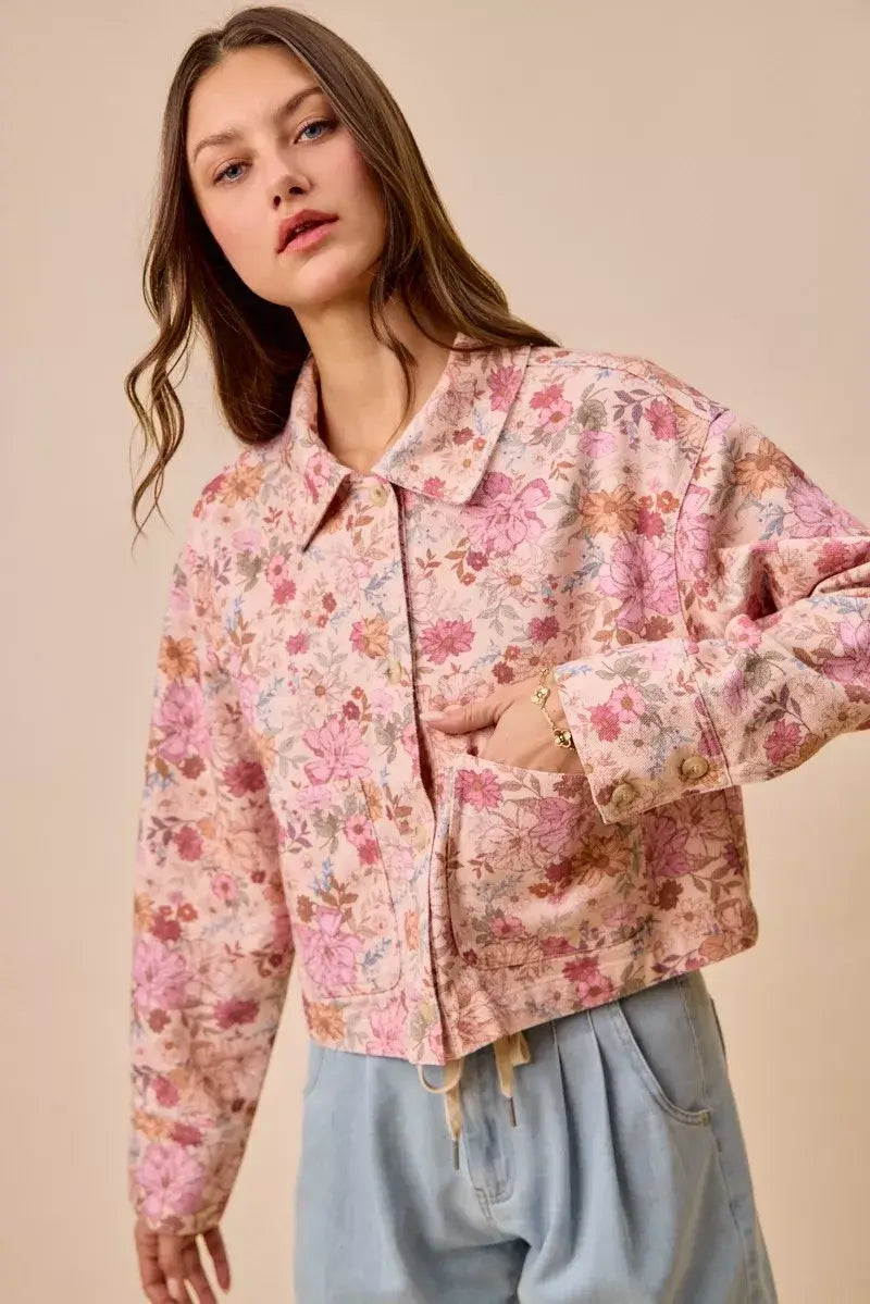 Pink Floral Print Cotton Twill Button Down Barn Jacket | Boutique In USA, Jackets, $ 65.00, A Moment Of Now™
