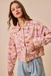 Pink Floral Print Cotton Twill Button Down Barn Jacket | Boutique In USA, Jackets, $ 65.00, A Moment Of Now™