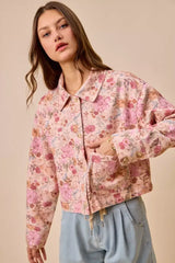 Pink Floral Print Cotton Twill Button Down Barn Jacket | Boutique In USA, Jackets, $ 65.00, A Moment Of Now™