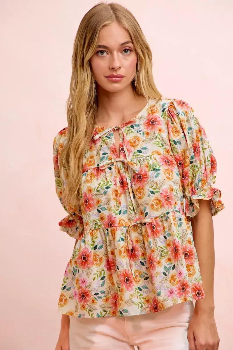Flower Printed Shirring Detail Blouse Top | Boutique In USA, Tops, $ 50.00, A Moment Of Now™