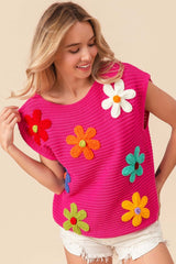 Fuchsia Flower Cap Sleeve Knit Top - Elegant Style, Sweaters, $ 69.00, A Moment Of Now™