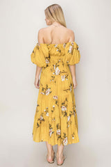Mustard Floral Puff Sleeve Tiered Dress - Chic Elegance, Dresses, $ 55.00, A Moment Of Now™