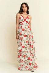 Ivory Red Contrast Ring Lace Ruffle Maxi Dress, Dresses, $ 75.00, A Moment Of Now™