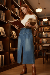Blue Pleated Washed Denim Skirt With Front Slit | Boutique In USA, Skirts, $ 69.00, A Moment Of Now™