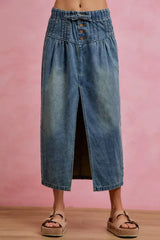 Blue Pleated Washed Denim Skirt With Front Slit | Boutique In USA, Skirts, $ 69.00, A Moment Of Now™