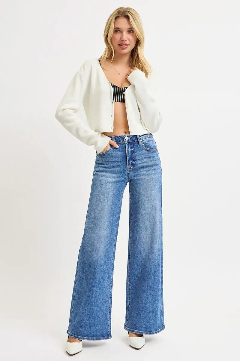 Medium Blue High Rise Wide Leg Jeans Plus Size - Stylish Comfort, Jeans, $ 75.00, A Moment Of Now™