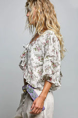 Ivory Ruffle Tie Front Cropped Floral Woven Flutter Sleeve Top | Boutique In USA, Tops, $ 69.00, A Moment Of Now™