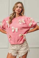 Cute Pink Ribbon Bow Puff Sleeve Sweater, Sweaters, $ 49.00, A Moment Of Now™