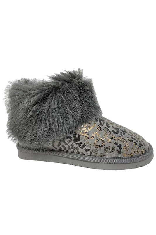 Frost Grey Leopard Print Faux Fur Winter Ankle Boots, Ankle Boots, $ 60.95, A Moment Of Now™