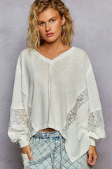 Chic White V-Neck Long Sleeve Blouse with Lace Detail, Tops, $ 65.00, A Moment Of Now™