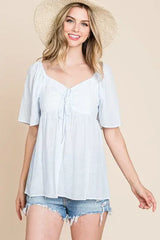 Sky Blue Thin Striped Tie Front Babydoll Top, Tops, $ 27.00, A Moment Of Now™