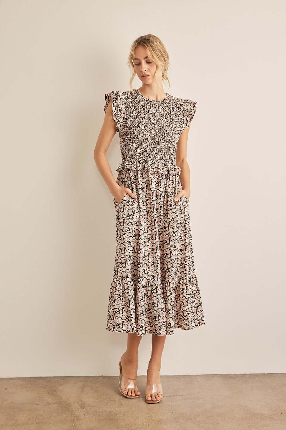 Black Peach Floral Print Midi Dress - Elegant & Chic, Dresses, $ 65.00, A Moment Of Now™