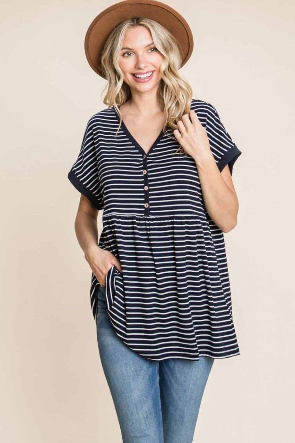 Black and White Striped Button Top - Trendy Baby Doll Style, Tops, $ 25.00, A Moment Of Now™