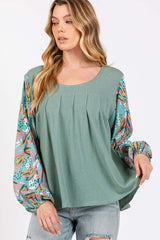 Sage Green Ruched Round Neck Bubble Sleeve Top, Tops, $ 45.00, A Moment Of Now™