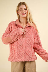 Blush Fuzzy Fleece Half Zip Cable Sweatshirt, Sweatshirts, $ 45.00, A Moment Of Now™