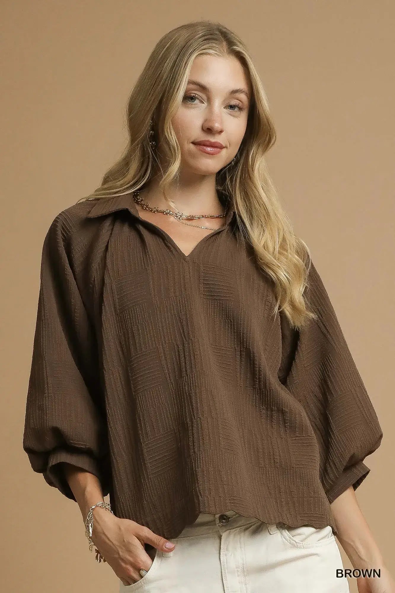 Brown Oversized Balloon Sleeve Blouse - Chic Style, Blouses, $ 60.00, A Moment Of Now™