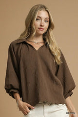 Brown Oversized Balloon Sleeve Blouse - Chic Style, Blouses, $ 60.00, A Moment Of Now™