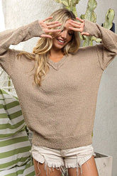 Latte Raw Edged Popcorn Texture V-neck Sweater, Sweaters, $ 49.00, A Moment Of Now™