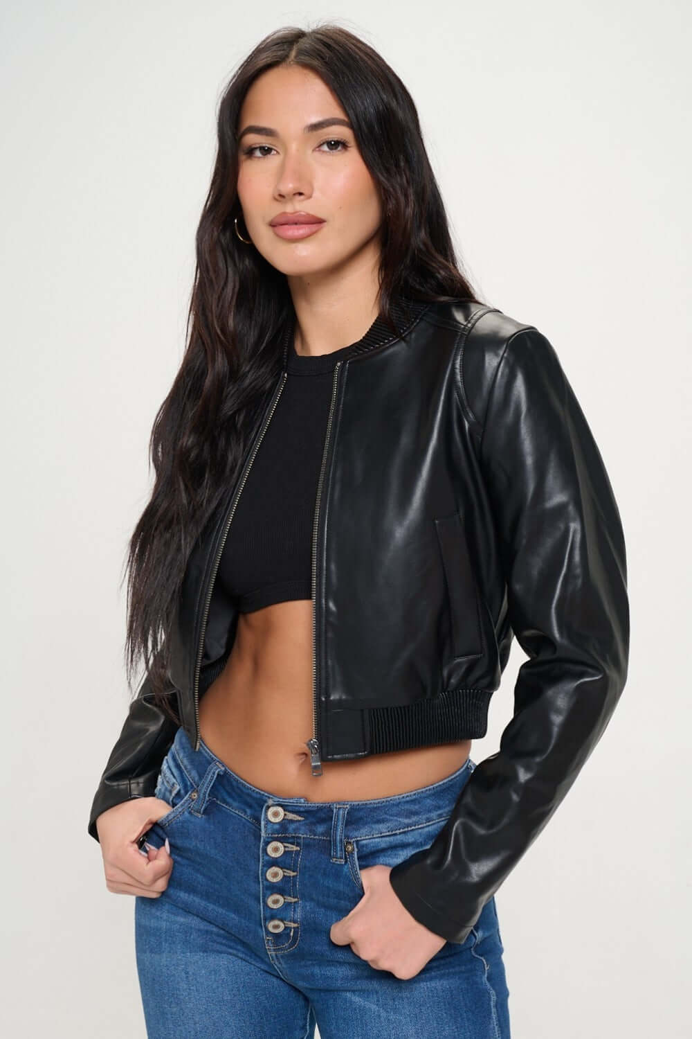 Black Zip Up Cropped Bomber Faux Leather Jacket, Jackets, $ 69.00, A Moment Of Now™