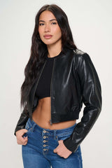 Black Zip Up Cropped Bomber Faux Leather Jacket, Jackets, $ 69.00, A Moment Of Now™