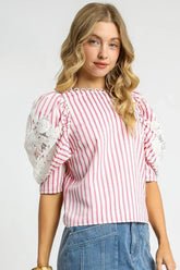 Pink Striped Lace Puff Sleeve Blouse - Chic & Comfy, Blouses, $ 55.00, A Moment Of Now™