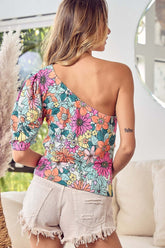 Colorful Floral Puff Sleeve One Shoulder Top, Tops, $ 35.00, A Moment Of Now™