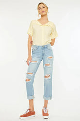Stylish Light Blue Mid Rise Distressed Boyfriend Jeans, Jeans, $ 65.00, A Moment Of Now™
