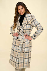 Khaki Double-Breasted Plaid Coat with Belt | Stylish Outerwear, Coats, $ 99.00, A Moment Of Now™