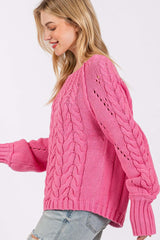 Deep Pink Cable-Knit Long Sleeve Sweater, Sweaters, $ 59.00, A Moment Of Now™