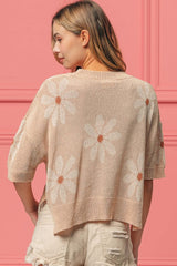 Boho Beige Floral Pattern Slit Sweater Top, Sweaters, $ 42.00, A Moment Of Now™