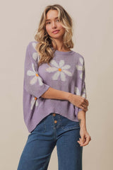 Lavender Floral Pattern Slit Sweater - Chic & Versatile, Sweaters, $ 47.00, A Moment Of Now™