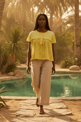 Yellow Solid Jersey With Lace Combo Ruffled Buttoned Top | Boutique In USA, Tops, $ 55.00, A Moment Of Now™