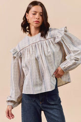 Beige Blue Floral Cotton Print Ruffled Long Sleeve Blouse, Blouses, $ 50.00, A Moment Of Now™