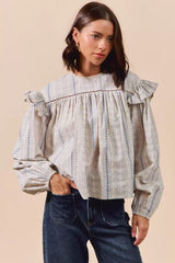 Beige Blue Floral Cotton Print Ruffled Long Sleeve Blouse, Blouses, $ 50.00, A Moment Of Now™