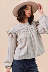 Beige Blue Floral Cotton Print Ruffled Long Sleeve Blouse, Blouses, $ 50.00, A Moment Of Now™
