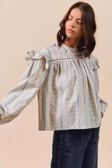 Beige Blue Floral Cotton Print Ruffled Long Sleeve Blouse, Blouses, $ 50.00, A Moment Of Now™
