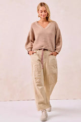 Beige Brown Drawstring Striped Twill Barrel Pants | Casual, Pants, $ 69.00, A Moment Of Now™