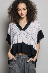 Black Floral Print V-Neck Woven Blouse | Feminine Flutter Sleeve Top, Blouses, $ 65.00, A Moment Of Now™
