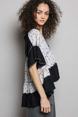 Black Floral Print V-Neck Woven Blouse | Feminine Flutter Sleeve Top, Blouses, $ 65.00, A Moment Of Now™