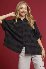 Black Jacquard Heart Collared Shirt - Elegance Meets Playfulness, Shirts, $ 60.00, A Moment Of Now™