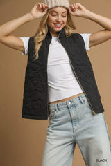 Black Quilted Floral Zip Up Vest with Pockets - Stylish & Functional, Vests Jackets, $ 66.00, A Moment Of Now™