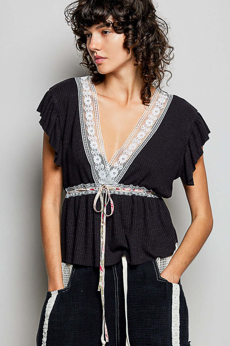 Black Tied Ruffled V-Neck Blouse with Lace Detail | Cute Vintage Top, Blouses, $ 59.00, A Moment Of Now™