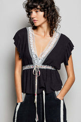 Black Tied Ruffled V-Neck Blouse with Lace Detail | Cute Vintage Top, Blouses, $ 59.00, A Moment Of Now™