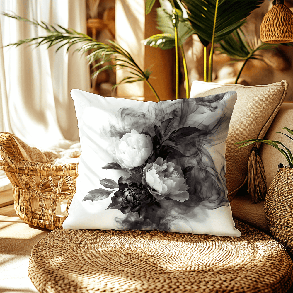 Black and White Smoky Peony Throw Pillow Cushion Cover + Insert | Boutique In USA, Throw Pillows, $ 55.00, A Moment Of Now™