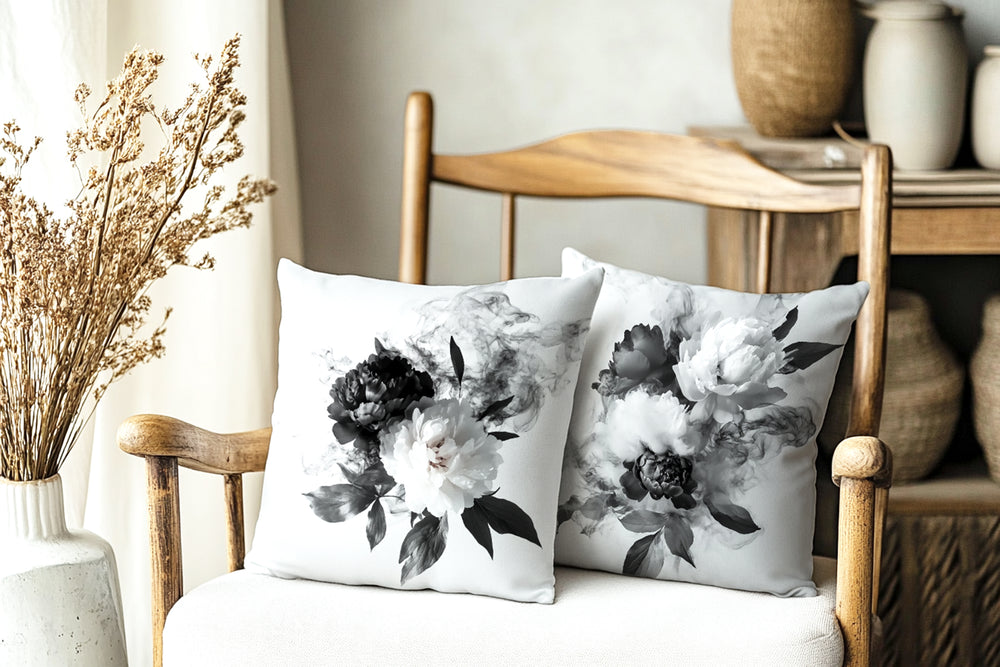 Black and White Smoky Peony Throw Pillow Cushion Cover + Insert | Boutique In USA, Throw Pillows, $ 55.00, A Moment Of Now™
