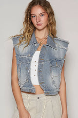 Blue Assymetrical Front Closure Raw Hem Denim Vest - Stylish Edge, Vests, $ 65.00, A Moment Of Now™