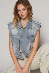 Blue Assymetrical Front Closure Raw Hem Denim Vest - Stylish Edge, Vests, $ 65.00, A Moment Of Now™