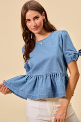 Blue Denim Bow Detail Short Sleeves Peplum Top, Tops, $ 60.00, A Moment Of Now™