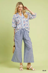 Blue Linen Blend Striped Wide Leg Pants - Stylish & Comfortable, Pants, $ 54.00, A Moment Of Now™