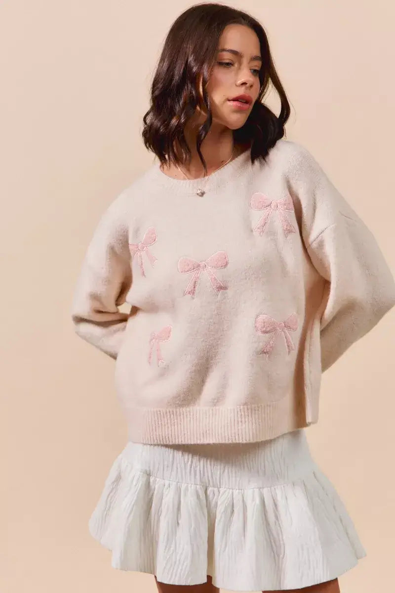 Blush Pink Embroidered Ribbon Round Neck Sweater - Stylish & Elegant, Sweaters, $ 55.00, A Moment Of Now™